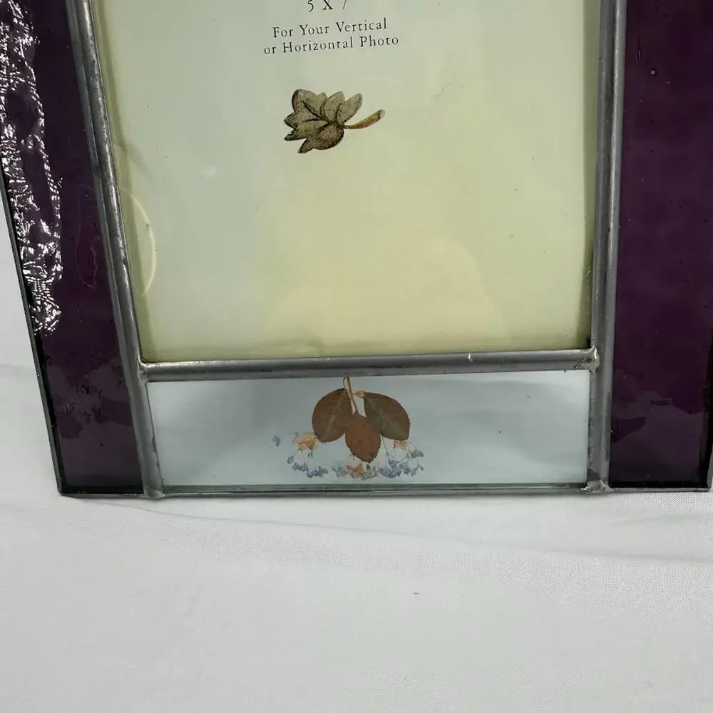 Vintage 1999 Carr Burnes Boston Stained Glass 5x7 Frame Pressed Flowers Purple